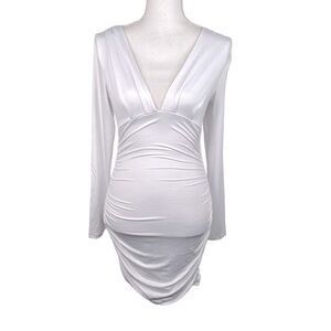 White Ruched V-Neck Special Occasion Midi Dress Size Small